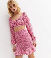 New Look Pink Ditsy Floral Shirred Frill Mini Skirt